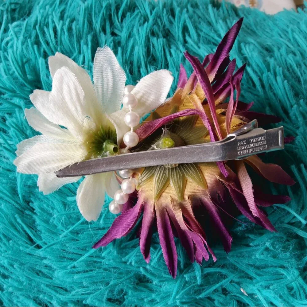 Purple White Floral Hair Clip Pearl Accent Hair Clip